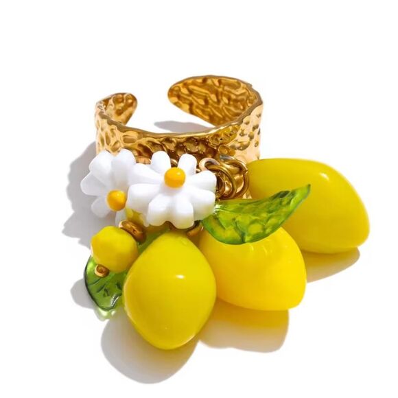 New Vibrant Gold Lemon Charm Ring with White Flowers - Picture 1 of 8